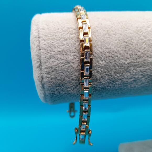 Vintage Clear Baguette Rhinestone Tennis Bracelet, Gold Plated, 7 Inches - Picture 1 of 10